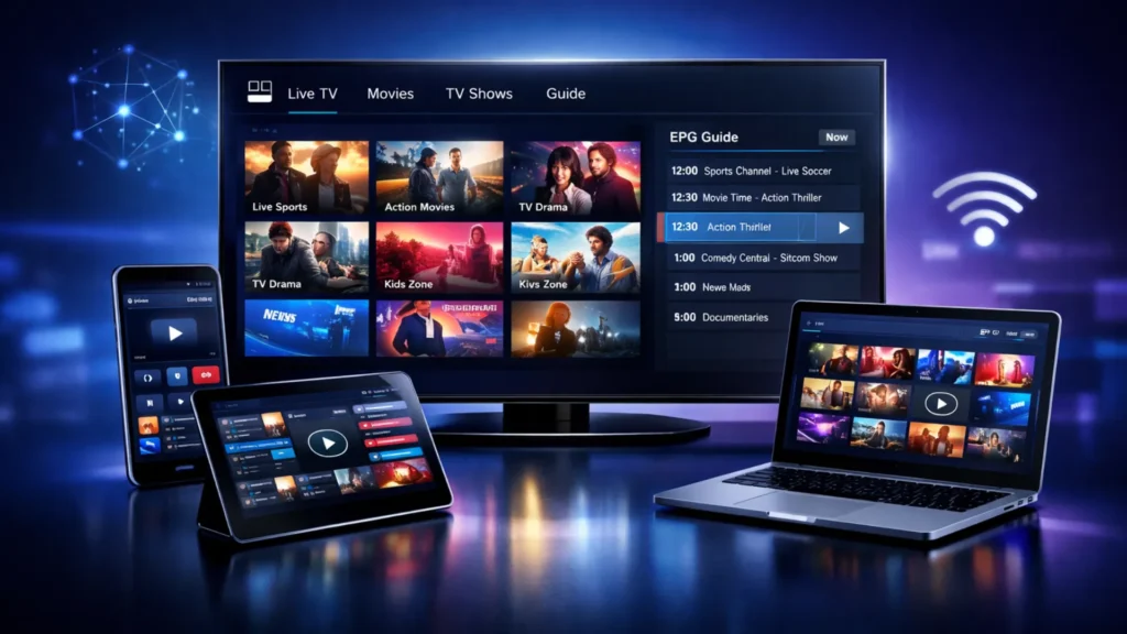 Interface IPTV Player affichant chaînes en direct, films et séries sur multiple appareils - Smart TV 4K, tablette, smartphone et laptop avec guide EPG