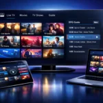 Interface IPTV Player affichant chaînes en direct, films et séries sur multiple appareils - Smart TV 4K, tablette, smartphone et laptop avec guide EPG