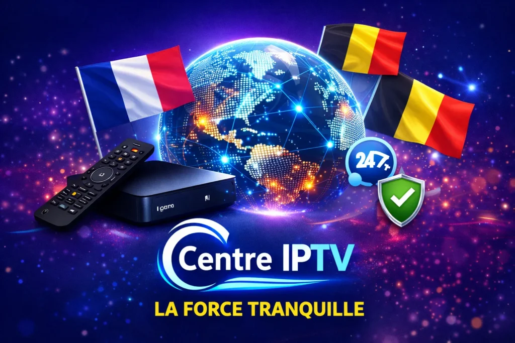 Centre IPTV Centre IPTV — visuel promo des Meilleurs Abonnements IPTV en France et Belgique, avec globe connecté, drapeaux France/Belgique, box IPTV, support 24/7 et bouclier sécurité sur fond bleu-violet.