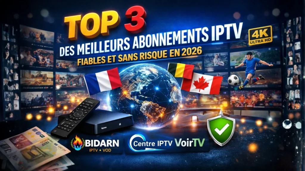 Top 3 Meilleurs Abonnements IPTV fiables et sans risque en 2026 : visuel avec écrans TV, box IPTV, télécommande, globe, drapeaux francophones, badge 4K et bouclier de sécurité pour illustrer qualité, stabilité et support.