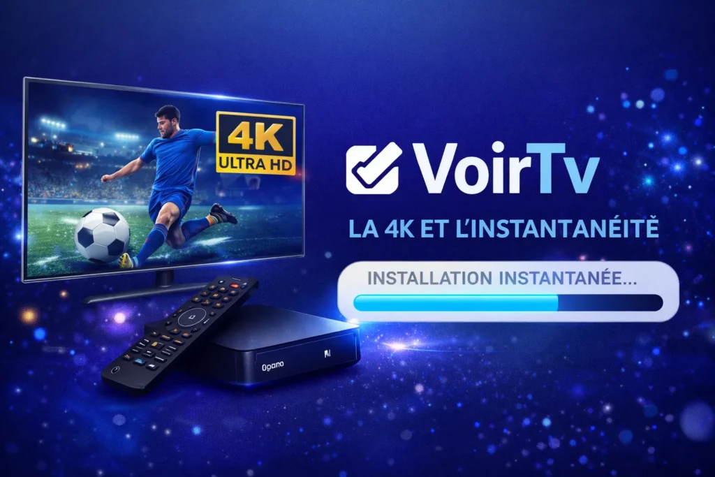 Voir TV VoirTv visuel 4K et installation instantanée pour les Meilleurs Abonnements IPTV, avec TV 4K affichant un match, badge 4K Ultra HD, box IPTV, télécommande et barre de chargement sur fond bleu nuit.