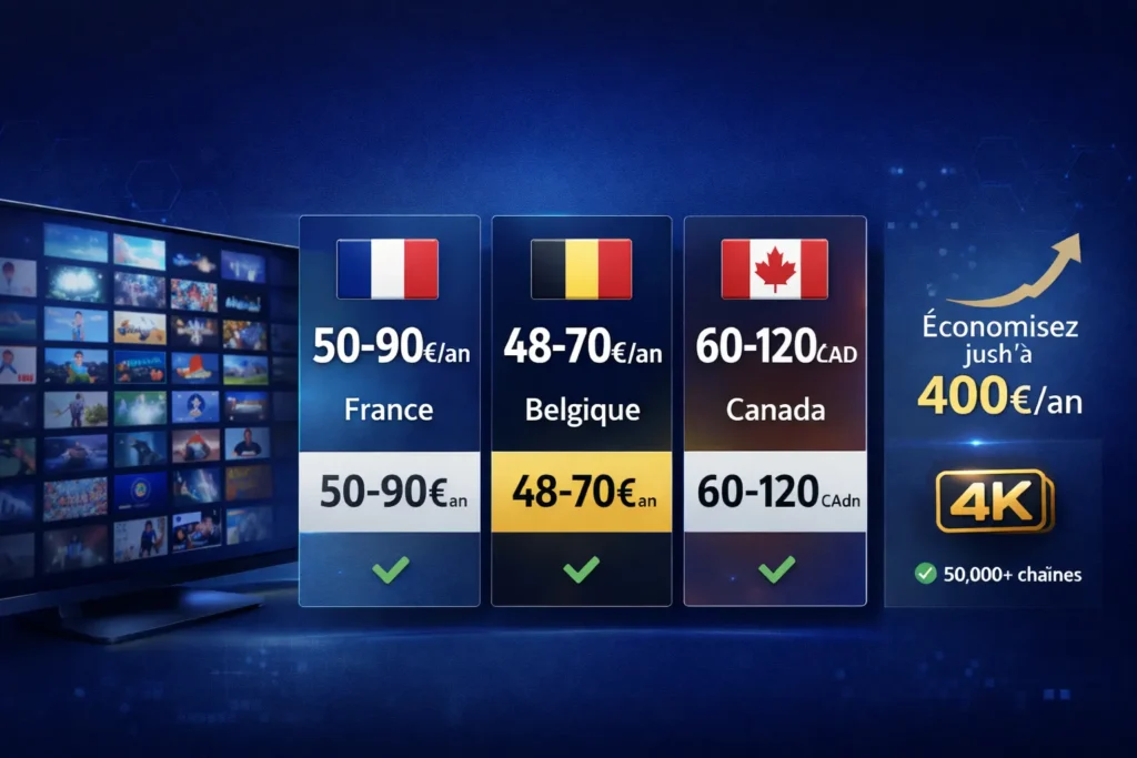 Tableau comparatif prix IPTV 2026 France 50-90€ Belgique 48-70€ Canada 60-120 CAD qualité 4K 50000 chaînes économie 400€ an