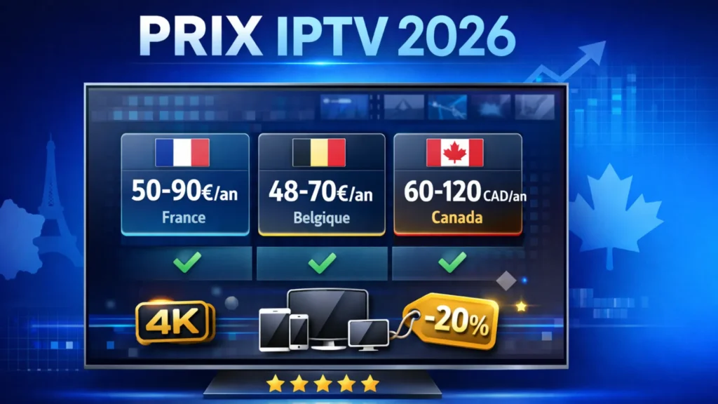 Comparatif prix abonnement IPTV 2026 France Belgique Canada avec tarifs annuels affichés sur écran smart TV moderne fond bleu