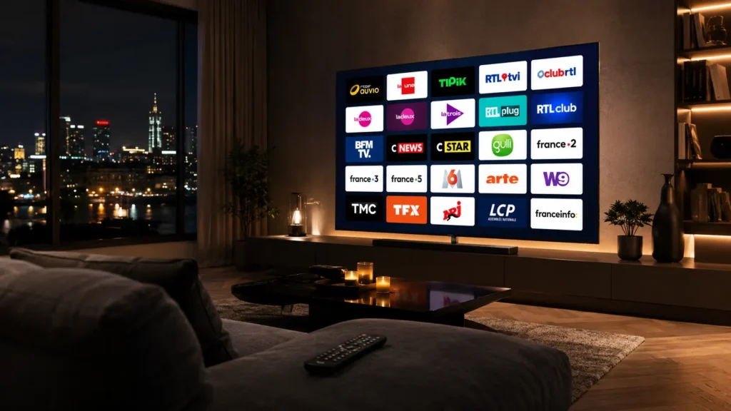 Smart TV dans un salon belge affichant une grille de chaînes IPTV — RTBF, RTL-TVI, La Une, BFM TV, M6, Arte et chaînes françaises incluses dans l'abonnement IPTV Belgique
