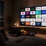 Smart TV dans un salon belge affichant une grille de chaînes IPTV — RTBF, RTL-TVI, La Une, BFM TV, M6, Arte et chaînes françaises incluses dans l'abonnement IPTV Belgique