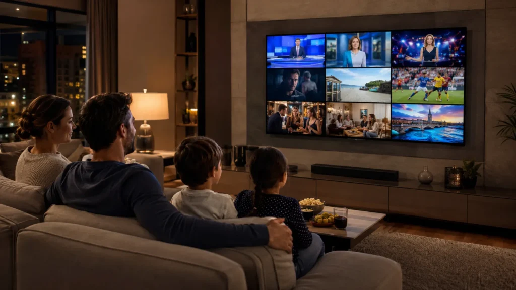 Acheter abonnement IPTV en France — famille regardant plus de 34 000 chaînes HD et 4K sur Smart TV avec Bidarn