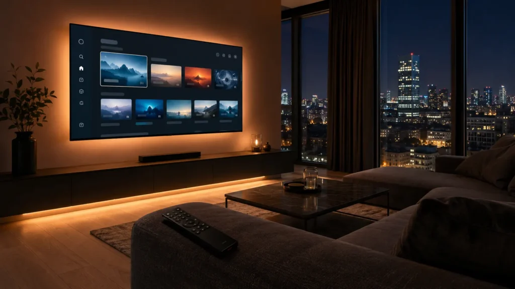 Smart TV murale dans un salon belge moderne affichant une interface IPTV 4K avec vue sur la ville de Bruxelles — meilleur IPTV Belgique 2026