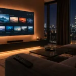 Smart TV murale dans un salon belge moderne affichant une interface IPTV 4K avec vue sur la ville de Bruxelles — meilleur IPTV Belgique 2026