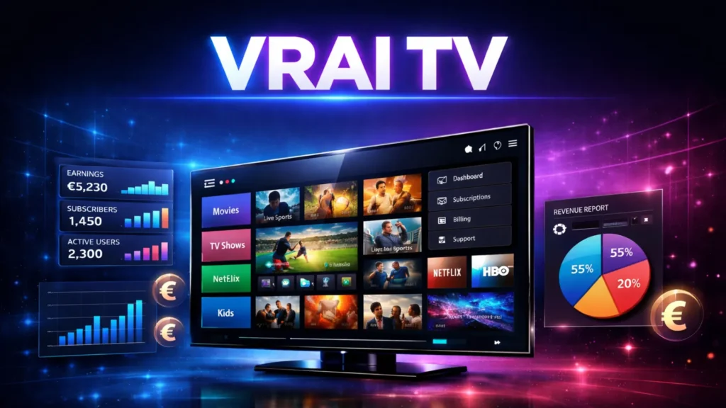 Acheter abonnement IPTV VraiTV — interface Smart TV avec films, sports en direct et tableau de bord abonnement